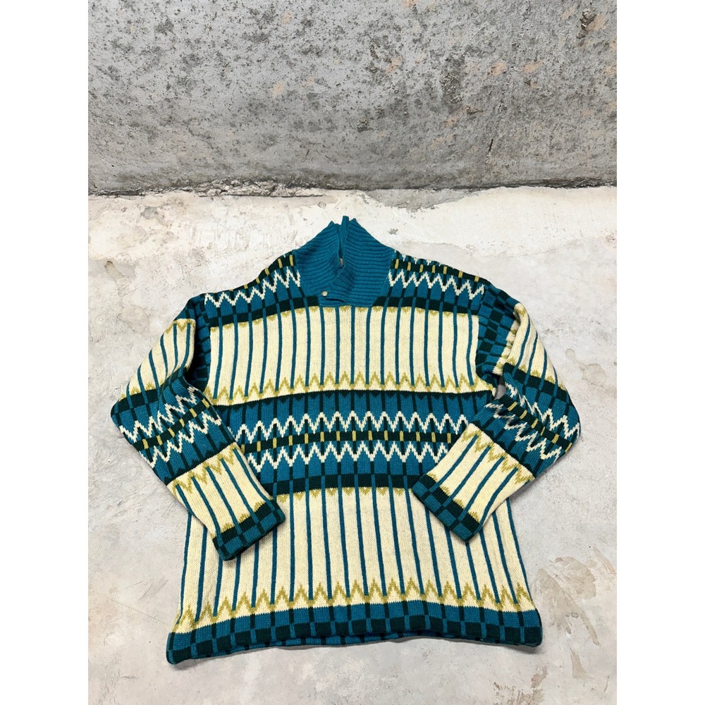 Vintage Norway 100 Wool Knit Sweater Nordic Fair Isle Pullover Collared L Unisex